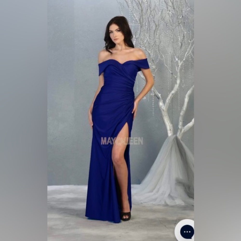 May Queen Couture Off Shoulder Navy Maxi Dress 1825